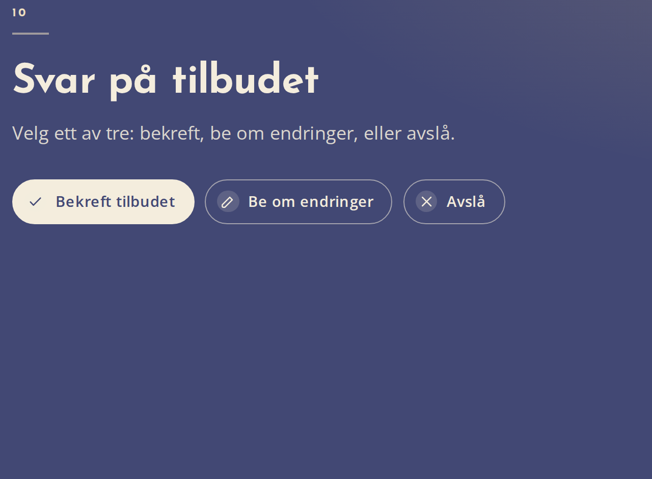 Svarflaten nederst i et Frei Seal-fremlegg, med bekreft, be om endringer og avslå